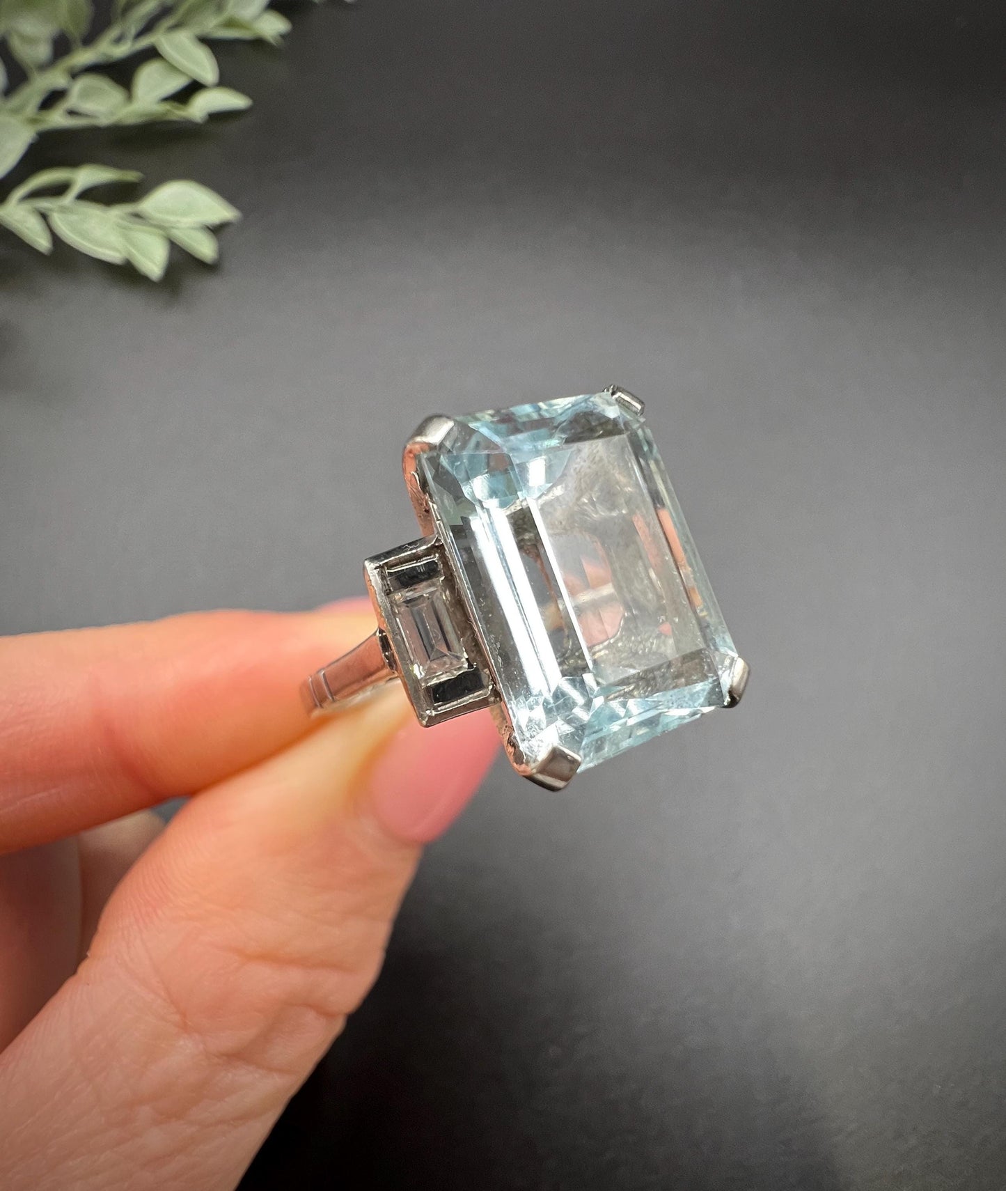 Antique 18ct White Gold, 1920s 10 Carat Aquamarine & Baguette Diamond Ring