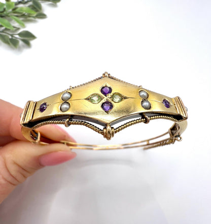 Antique 15ct Gold, Edwardian Peridot, Amethyst & Pearl Suffragette Bangle