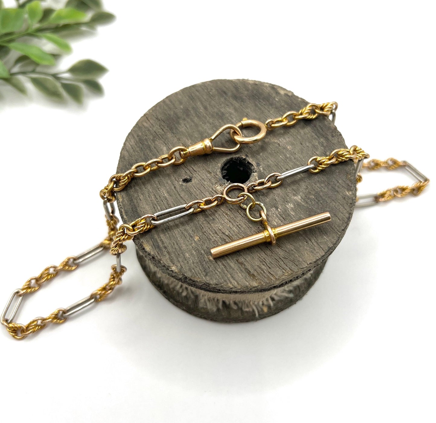Antique 18ct Yellow Gold & Platinum Albert Chain Necklace: Edwardian Fancy Knot Link