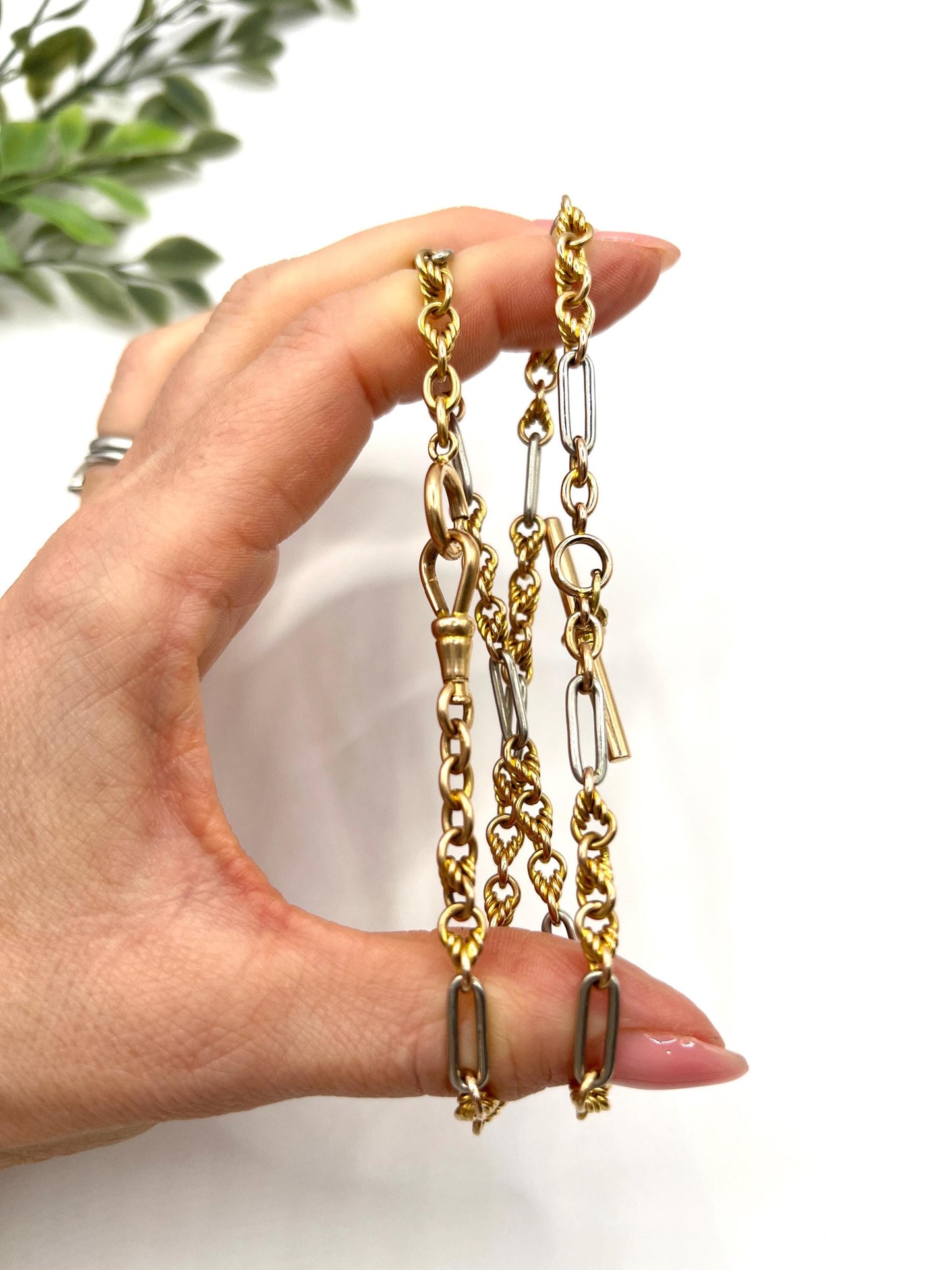 Antique 18ct Yellow Gold & Platinum Albert Chain Necklace: Edwardian Fancy Knot Link