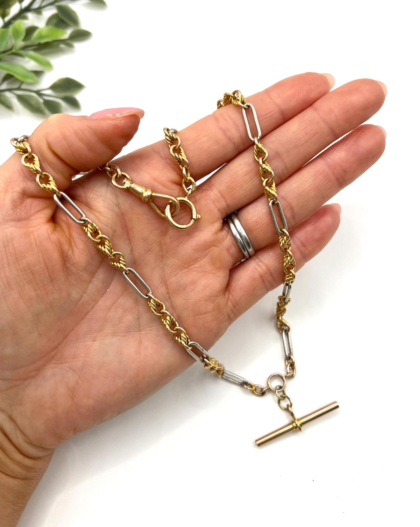 Antique 18ct Yellow Gold & Platinum Albert Chain Necklace: Edwardian Fancy Knot Link