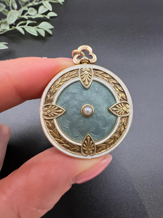 Antique 15ct Yellow Gold, 1920s Guilloche Enamel Round Locket