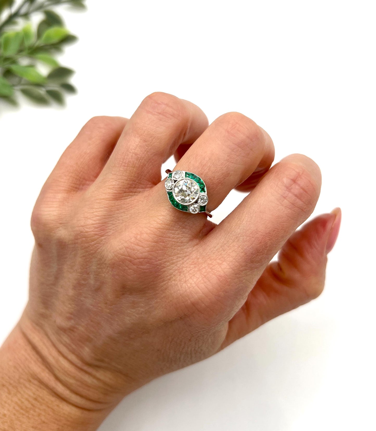 Art Deco Inspired 1.21ct Diamond and Emerald Target Cluster Ring in Platinum