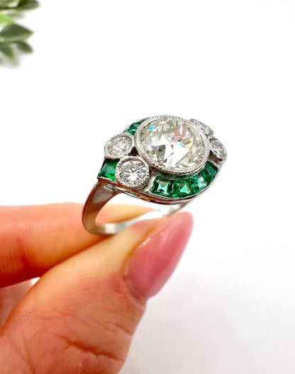 Art Deco Inspired 1.21ct Diamond and Emerald Target Cluster Ring in Platinum