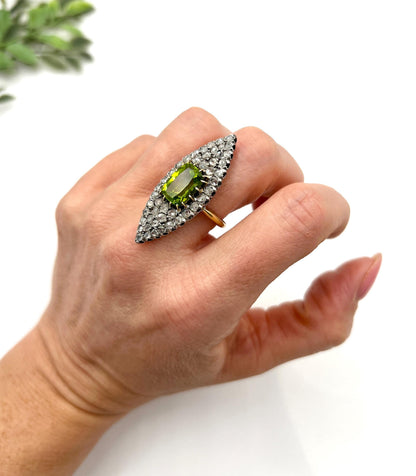 Antique 18ct Yellow Gold French Stamped, Victorian Peridot & Diamond Marquise Ring