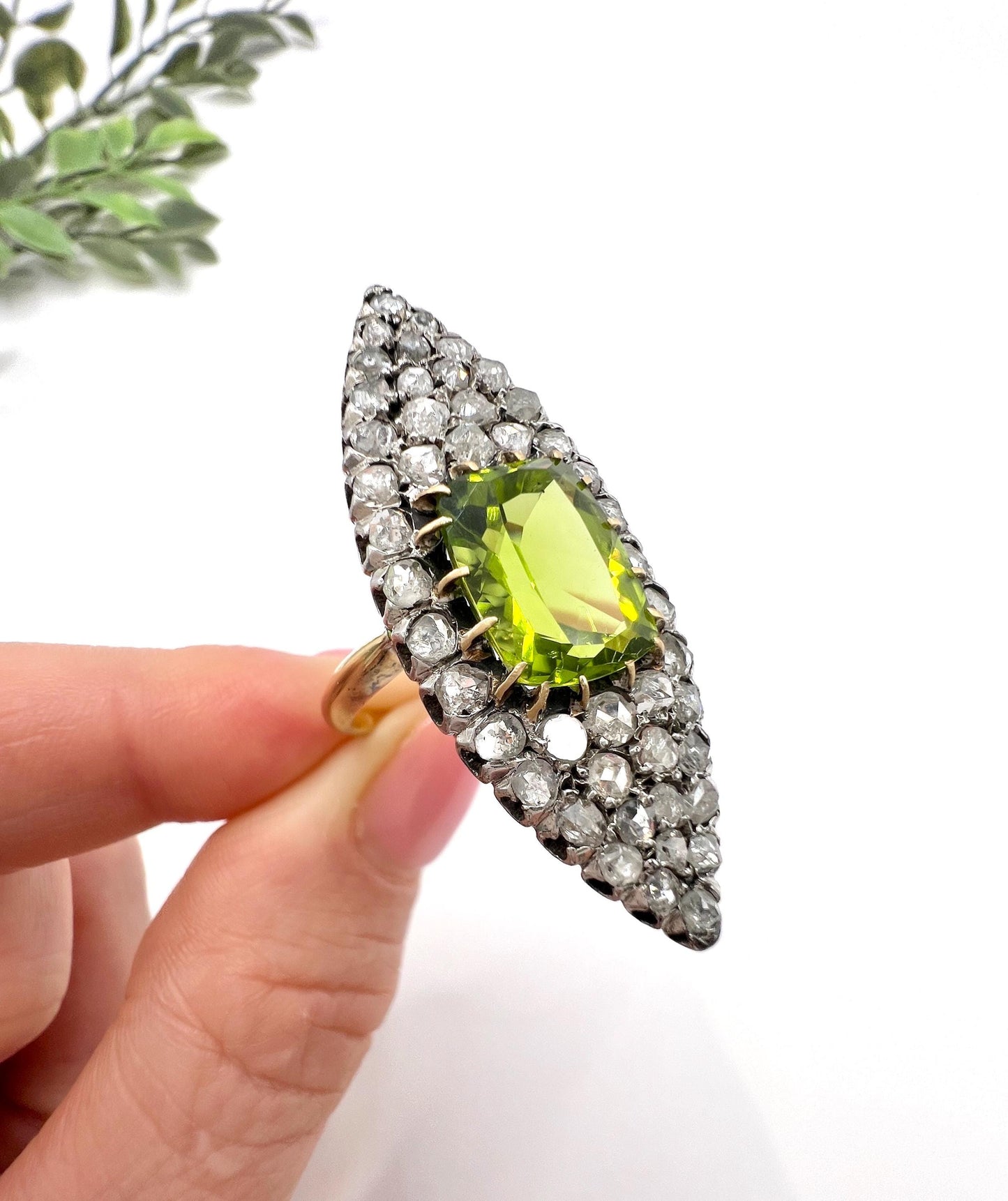 Antique 18ct Yellow Gold French Stamped, Victorian Peridot & Diamond Marquise Ring