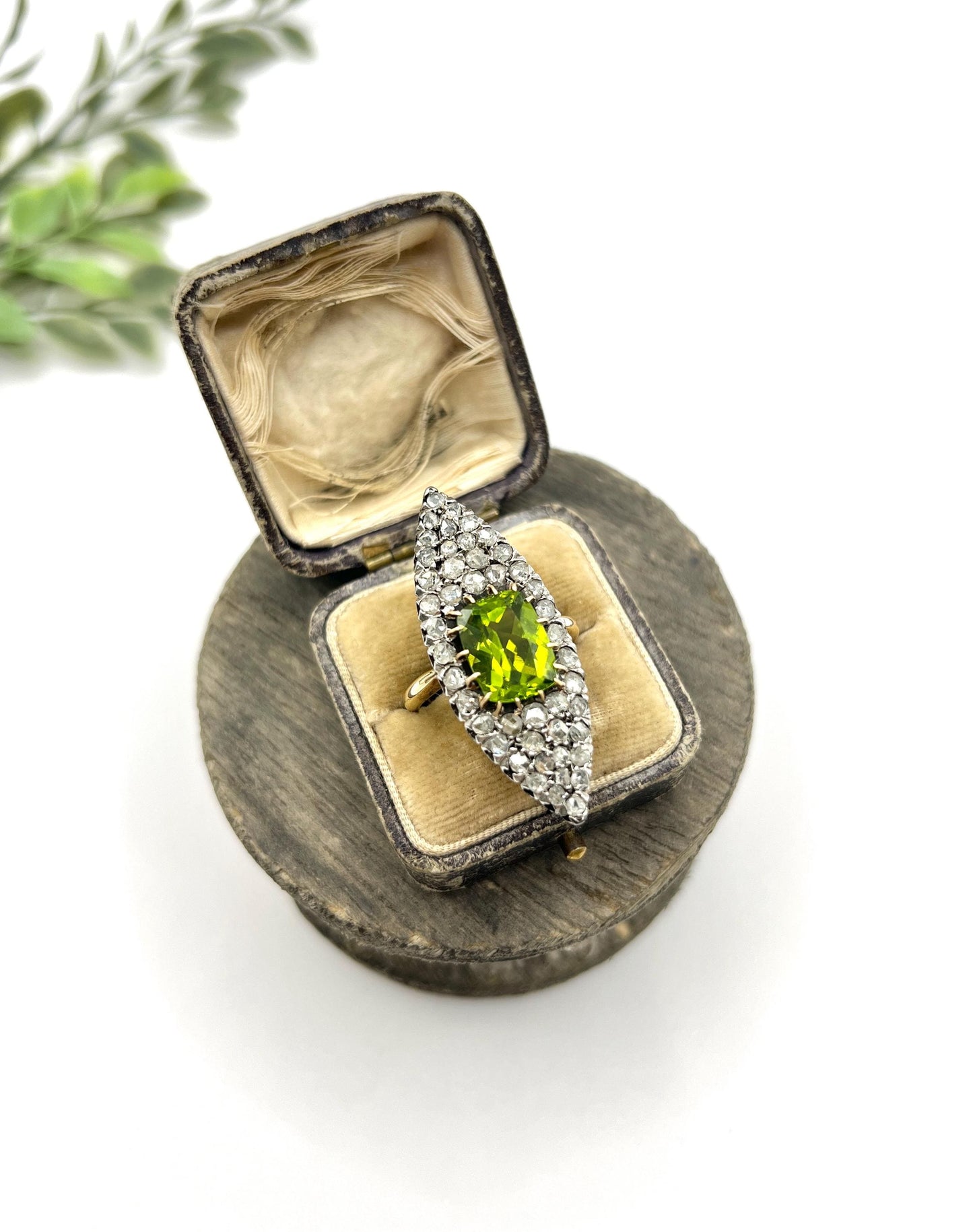 Antique 18ct Yellow Gold French Stamped, Victorian Peridot & Diamond Marquise Ring