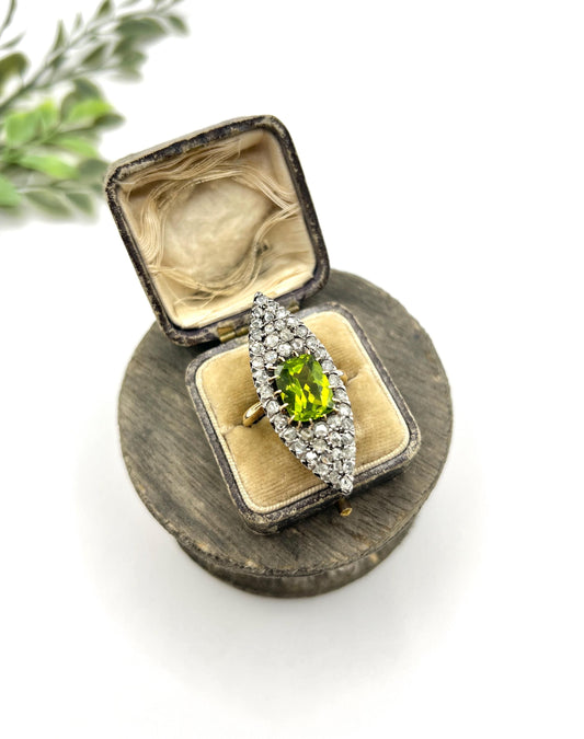 Antique 18ct Yellow Gold French Stamped, Victorian Peridot & Diamond Marquise Ring