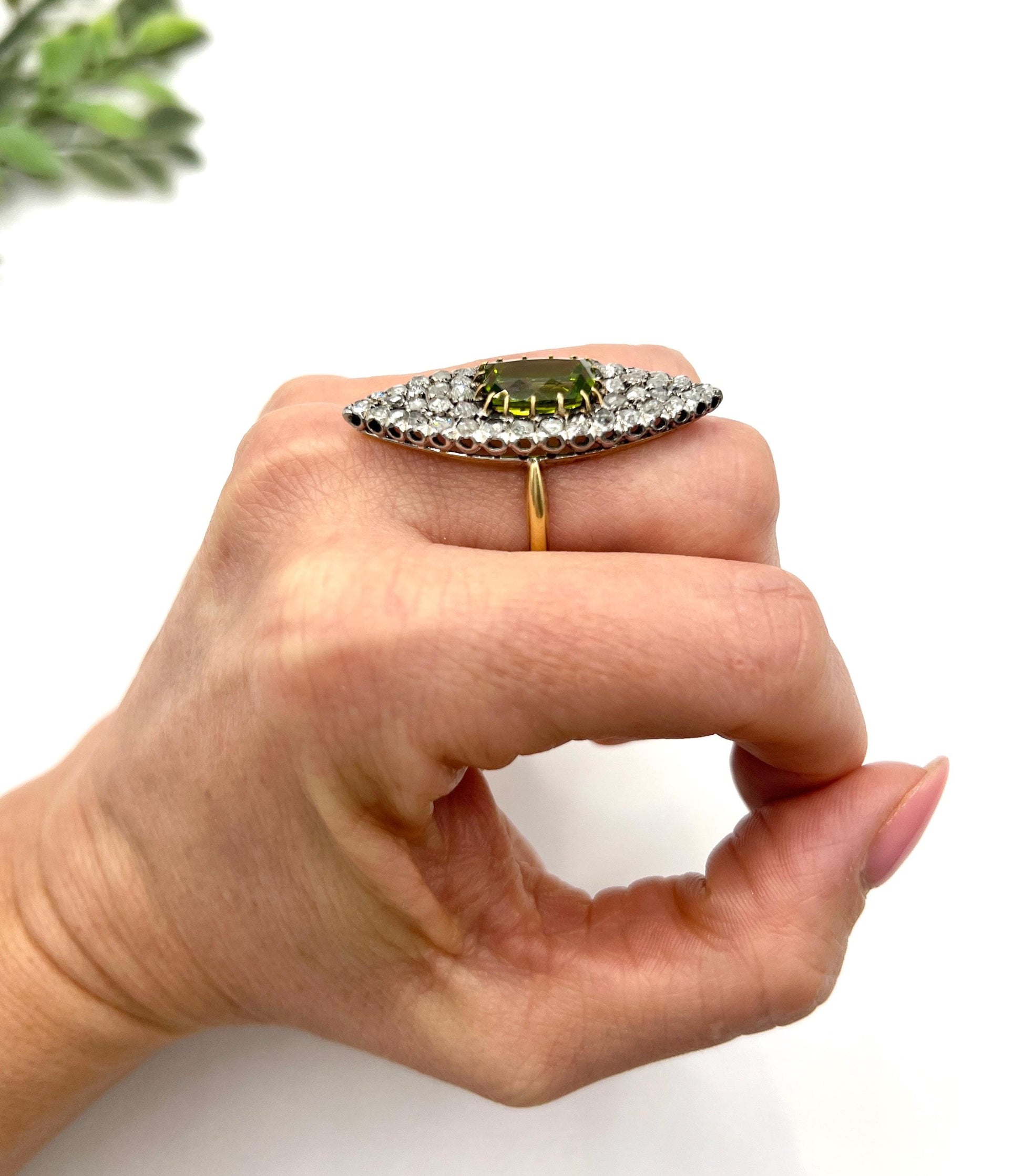 Antique 18ct Yellow Gold French Stamped, Victorian Peridot & Diamond Marquise Ring