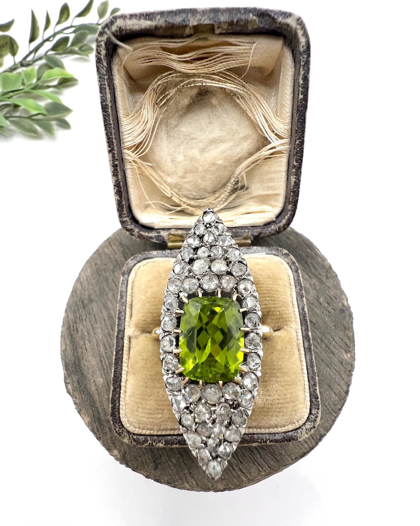 Antique 18ct Yellow Gold French Stamped, Victorian Peridot & Diamond Marquise Ring