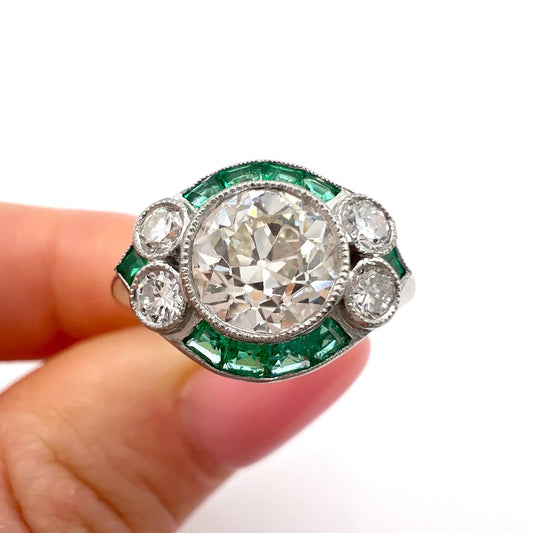 Platinum, Art Deco Style Calibrated Emerald & Diamond Ring