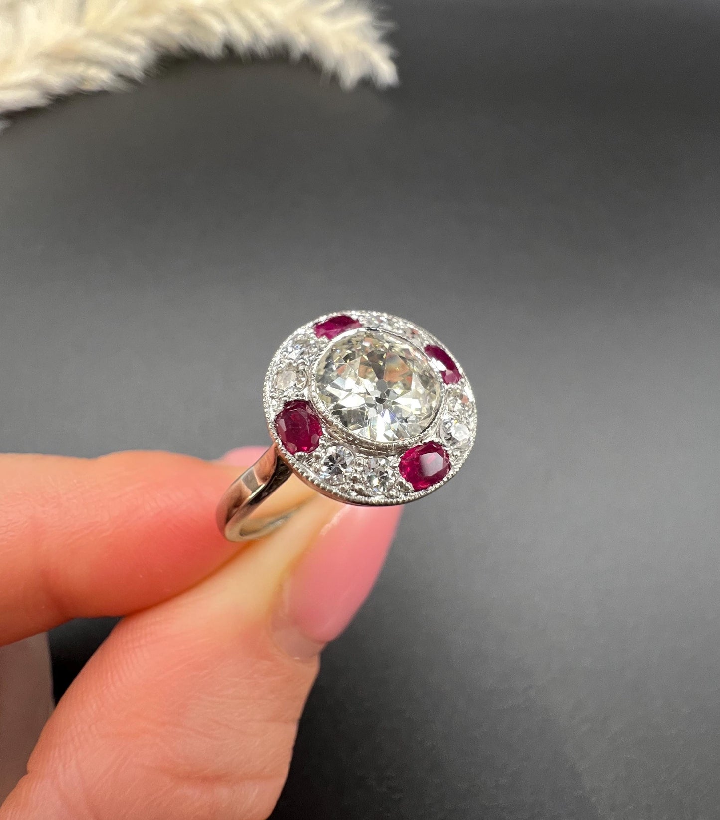 Antique 18ct Gold & Platinum, Original Art Deco Ruby and Diamond Target Ring