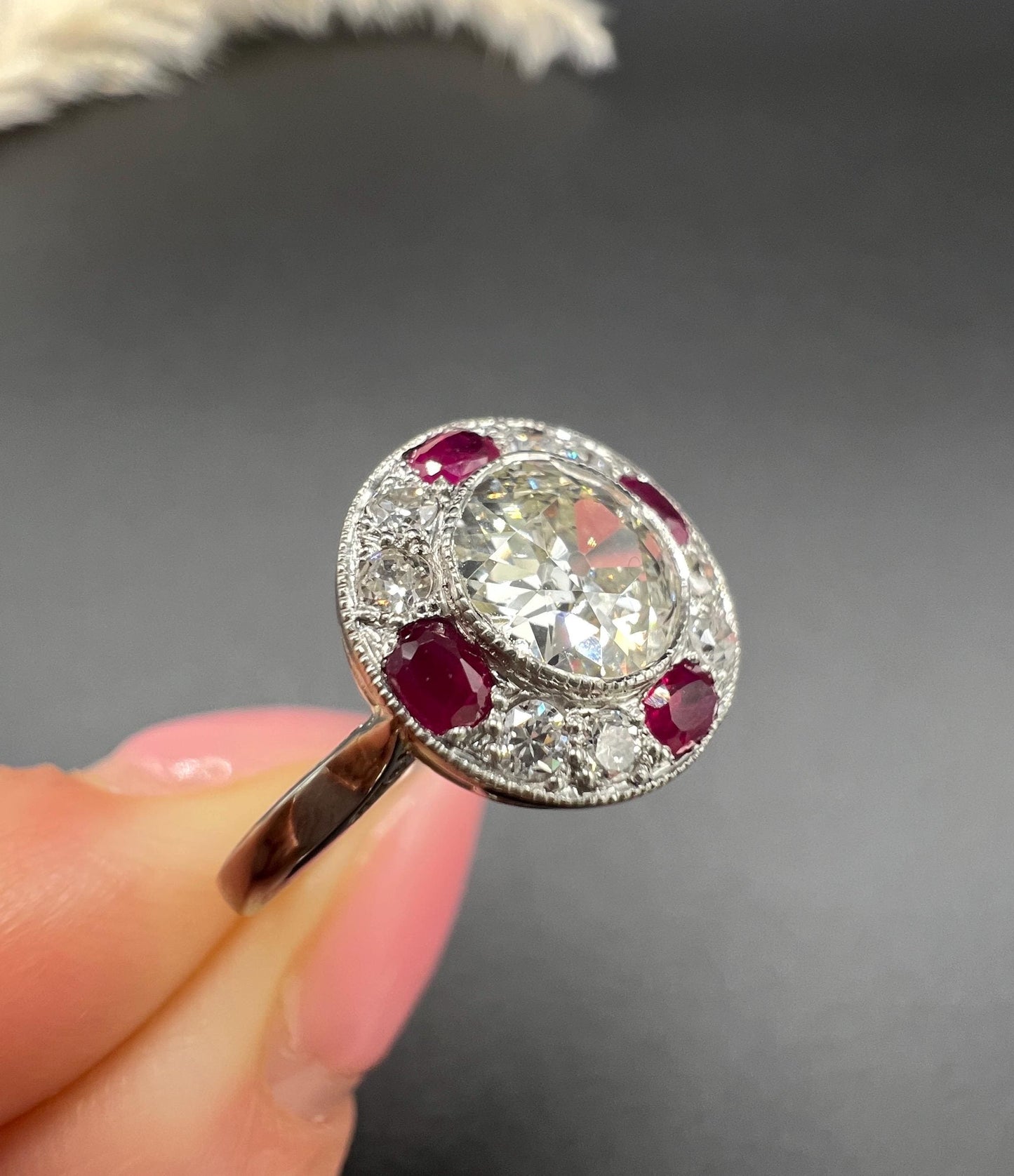 Antique 18ct Gold & Platinum, Original Art Deco Ruby and Diamond Target Ring