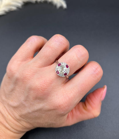 Antique 18ct Gold & Platinum, Original Art Deco Ruby and Diamond Target Ring