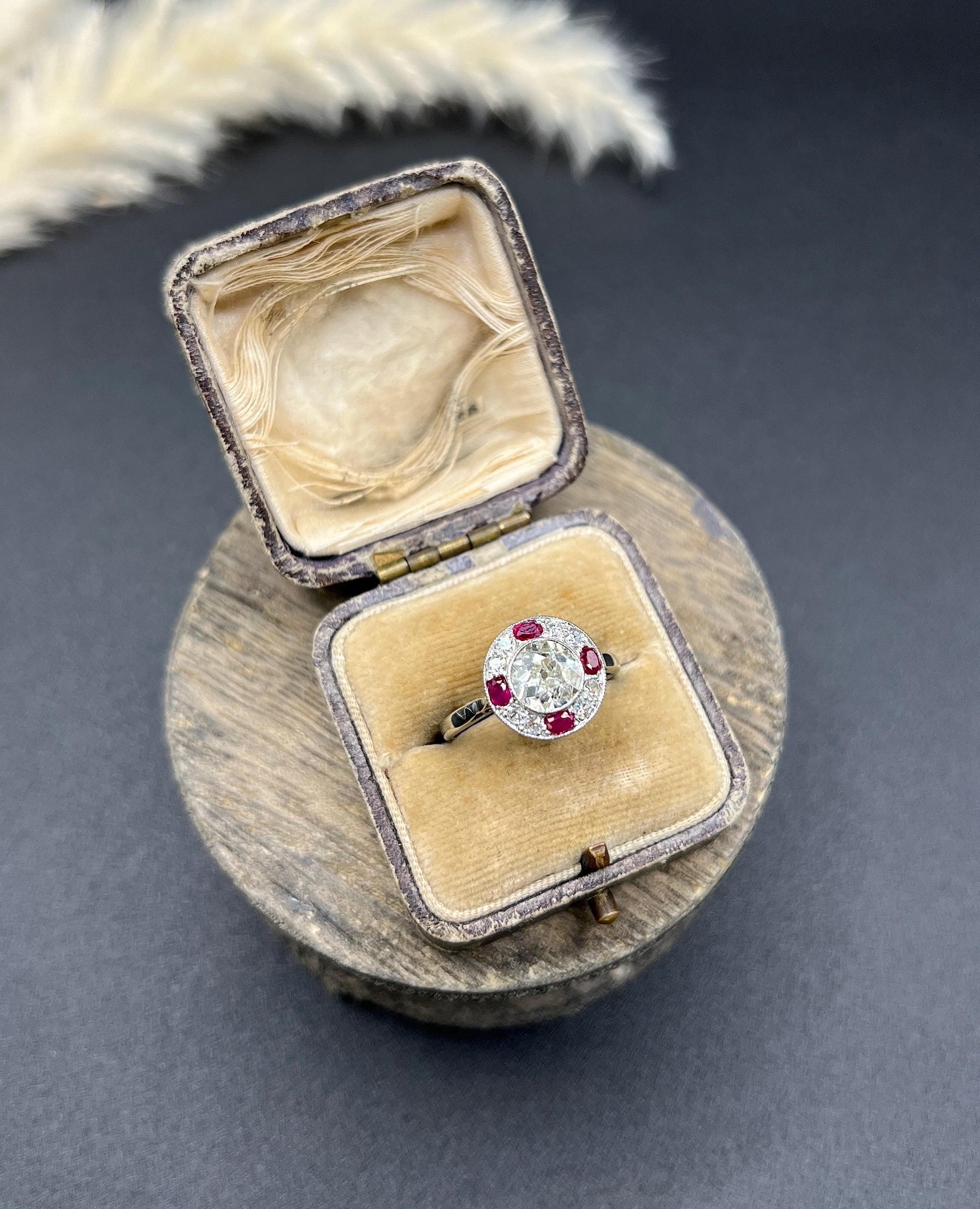 Antique 18ct Gold & Platinum, Original Art Deco Ruby and Diamond Target Ring