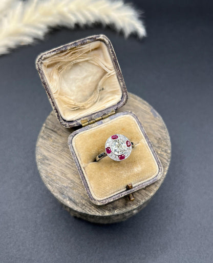 Antique 18ct Gold & Platinum, Original Art Deco Ruby and Diamond Target Ring