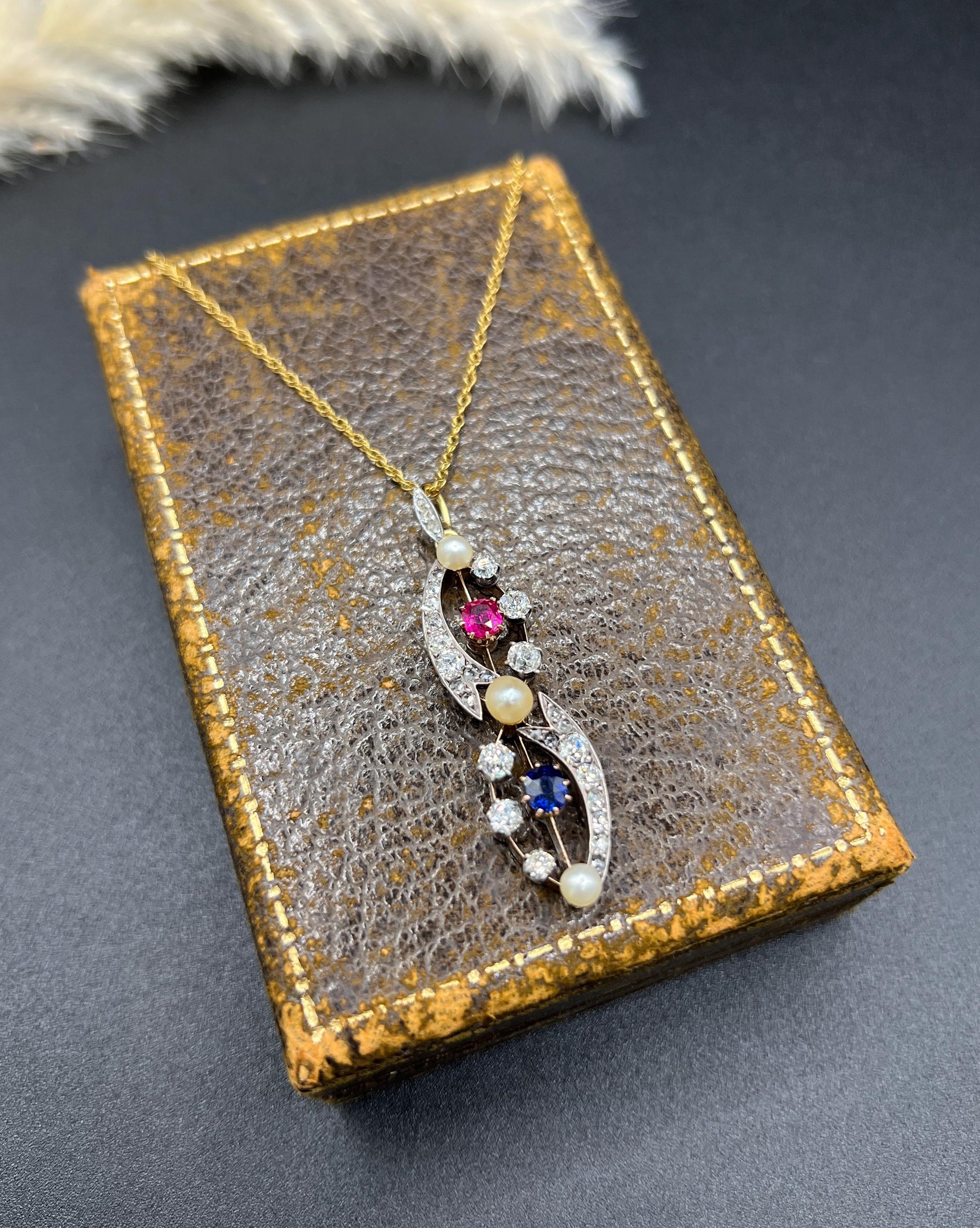 Antique 18ct Gold & Platinum, Victorian Diamond, Sapphire, Ruby and Pearl Figure Eight Pendant Necklace