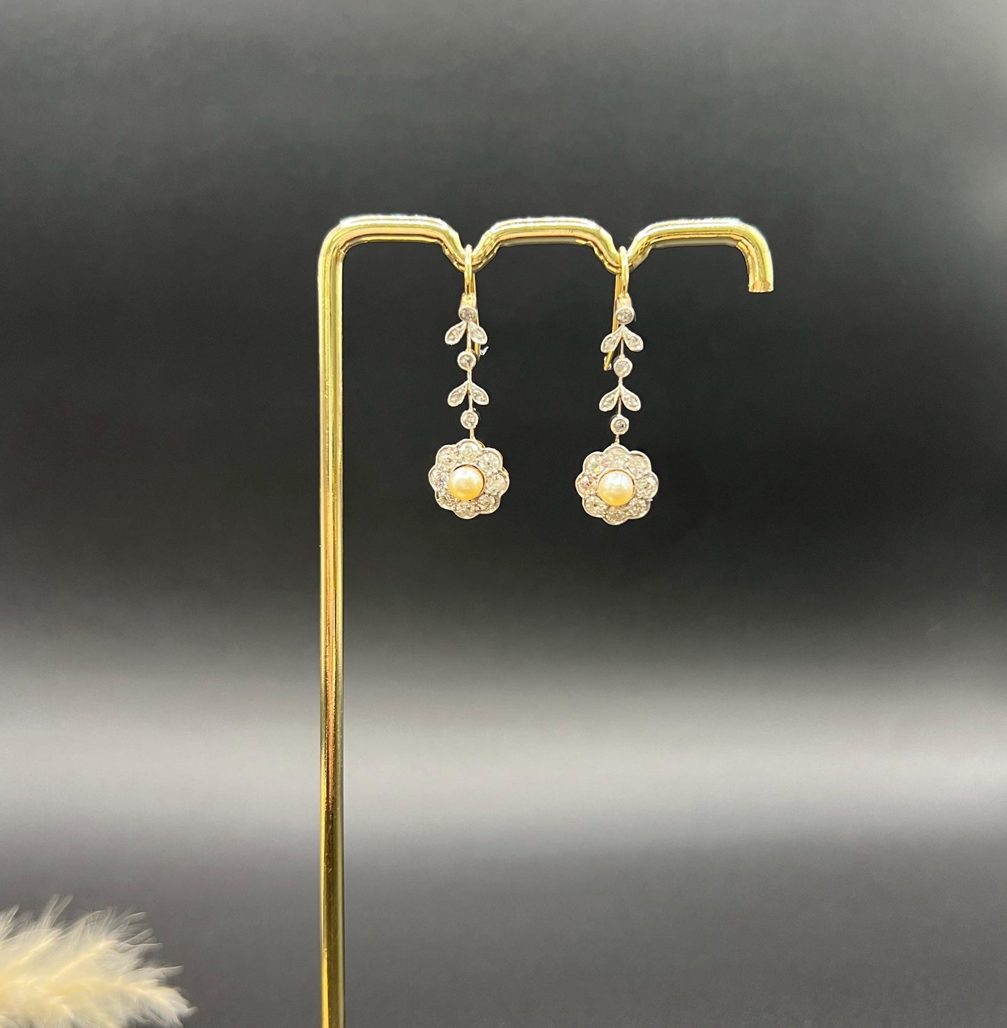 Antique 18ct Gold & Platinum, Edwardian Diamond and Pearl Daisy Drop Earrings