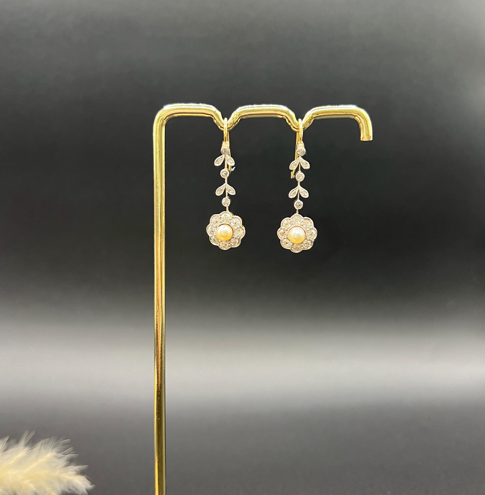 Antique 18ct Gold & Platinum, Edwardian Diamond and Pearl Daisy Drop Earrings