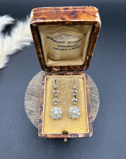 Antique 18ct Gold & Platinum, Edwardian Diamond and Pearl Daisy Drop Earrings