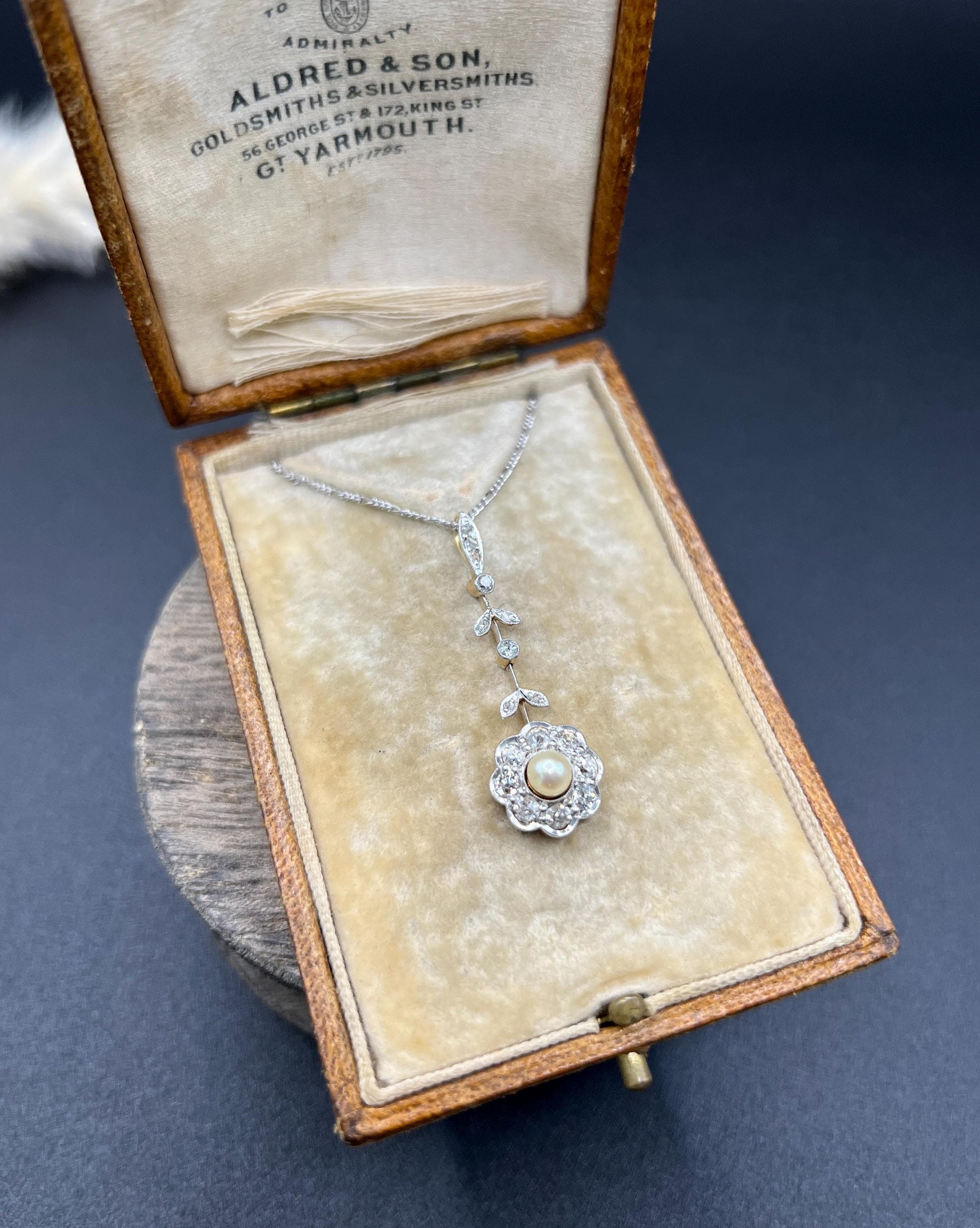 Antique 18ct Gold & Platinum, Edwardian Diamond and Pearl Daisy Pendant Necklace