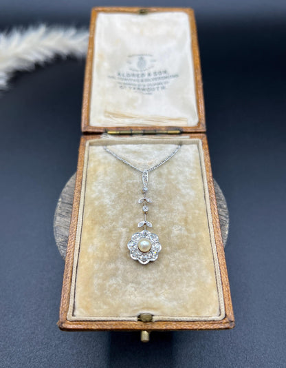 Antique 18ct Gold & Platinum, Edwardian Diamond and Pearl Daisy Pendant Necklace
