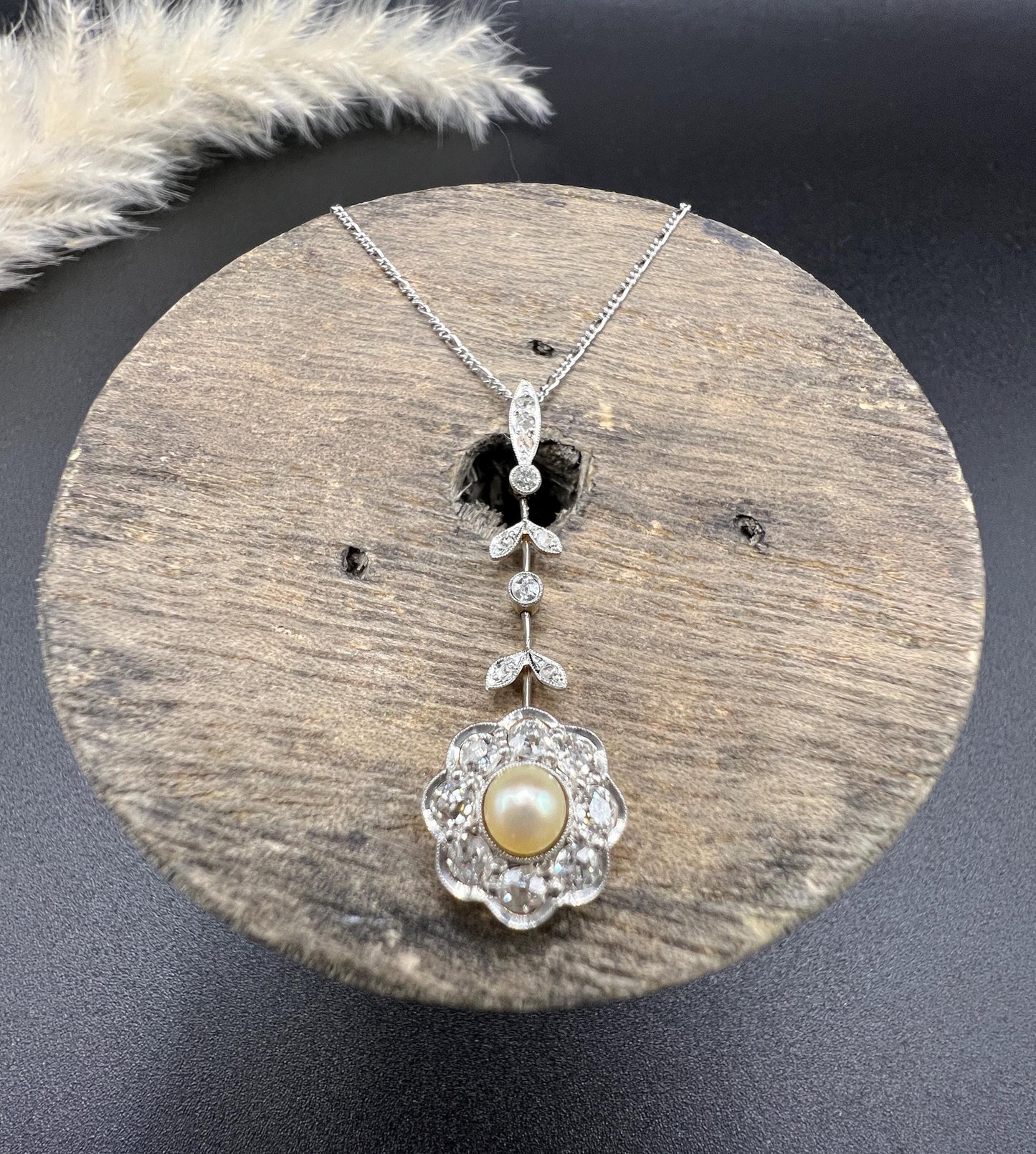 Antique 18ct Gold & Platinum, Edwardian Diamond and Pearl Daisy Pendant Necklace