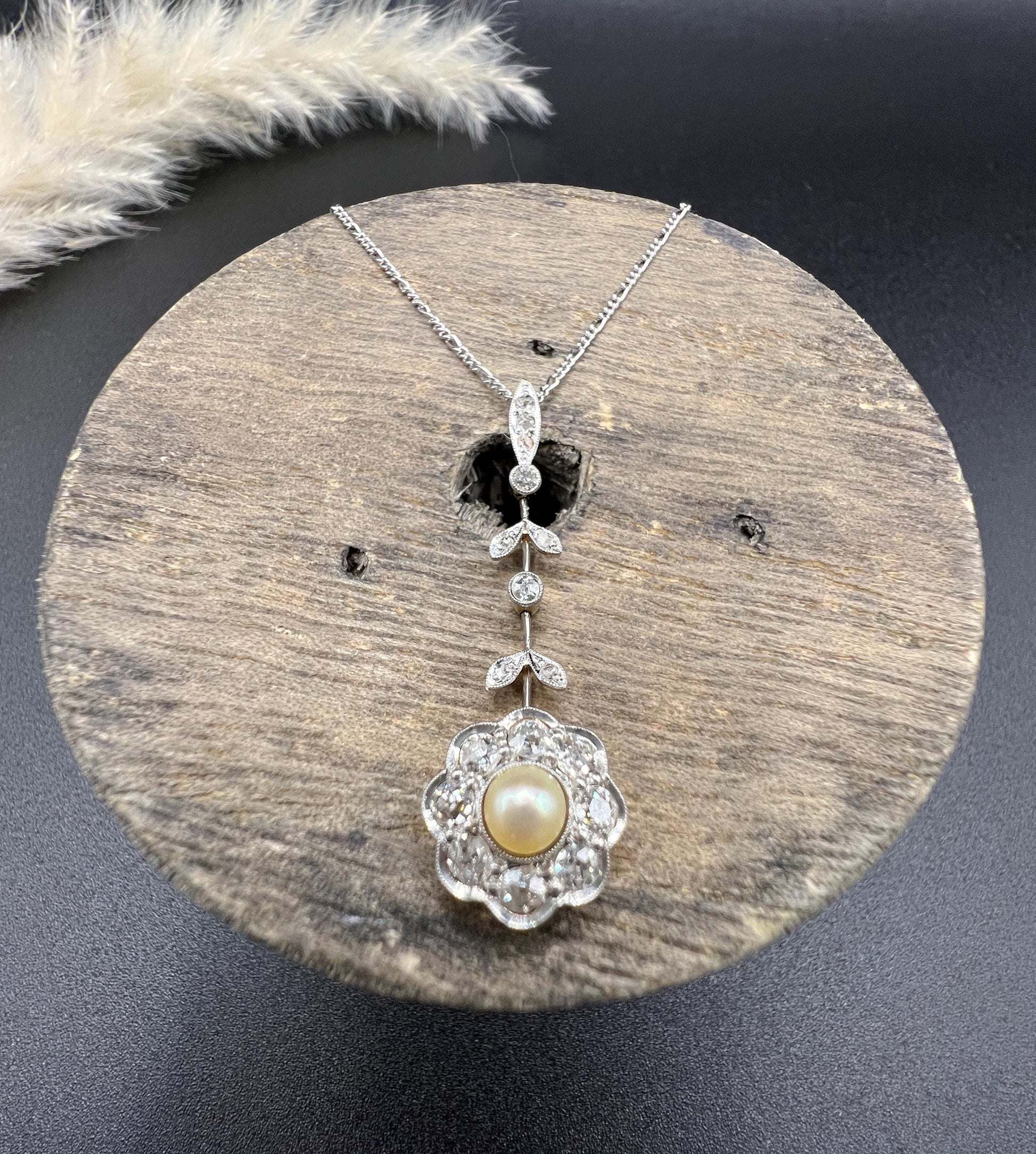 Antique 18ct Gold & Platinum, Edwardian Diamond and Pearl Daisy Pendant Necklace