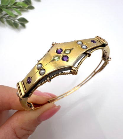 Antique 15ct Gold, Edwardian Peridot, Amethyst & Pearl Suffragette Bangle