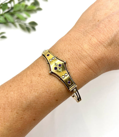 Antique 15ct Gold, Edwardian Peridot, Amethyst & Pearl Suffragette Bangle