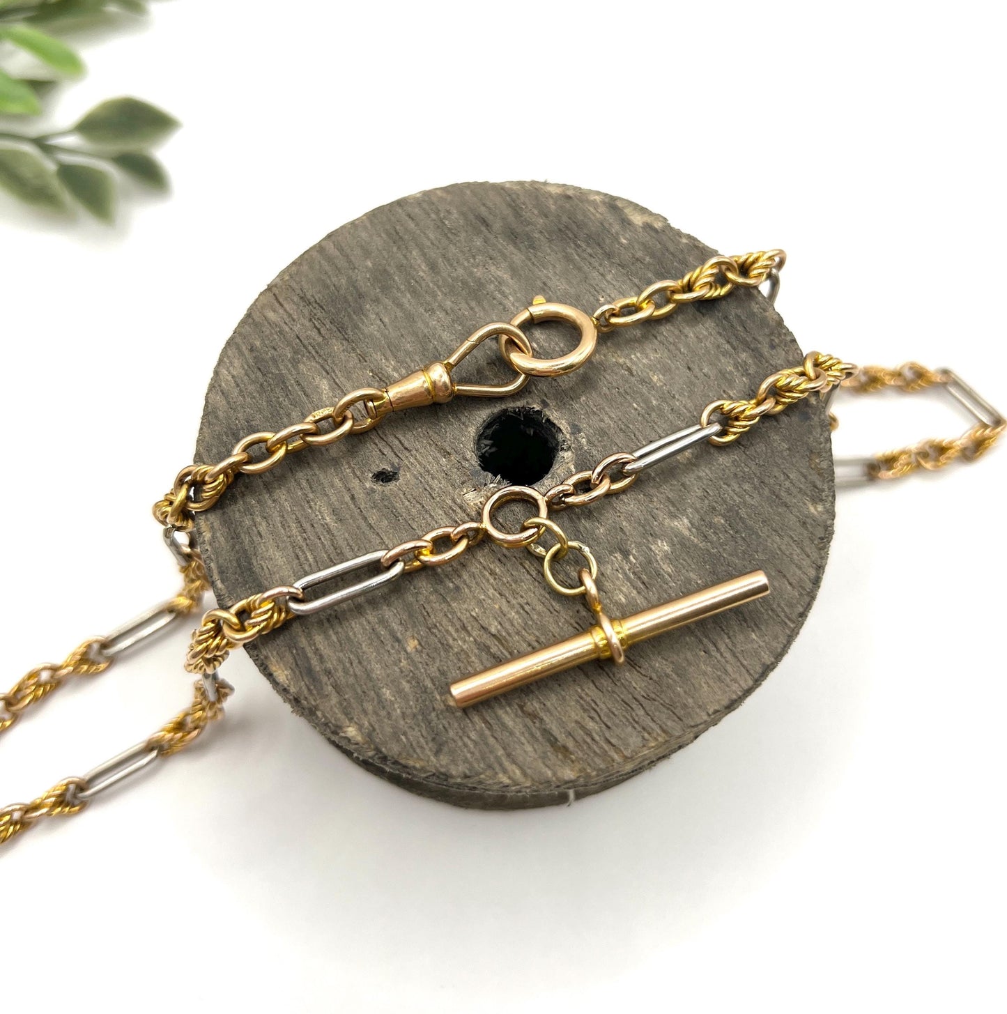 Antique 18ct Yellow Gold & Platinum Albert Chain Necklace: Edwardian Fancy Knot Link