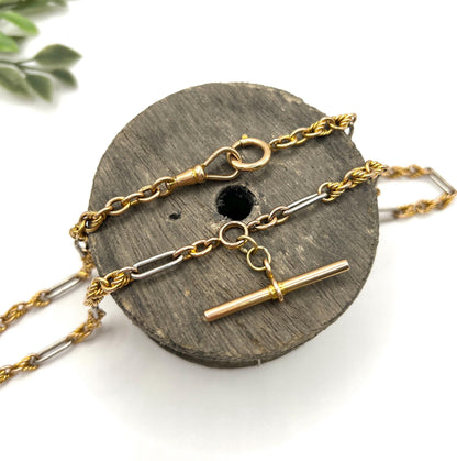 Antique 18ct Yellow Gold & Platinum Albert Chain Necklace: Edwardian Fancy Knot Link