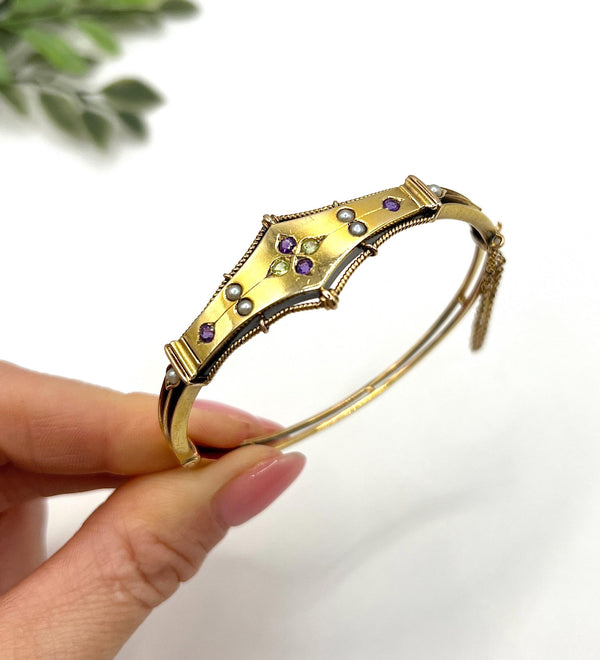 Antique 15ct Gold, Edwardian Peridot, Amethyst & Pearl Suffragette Bangle