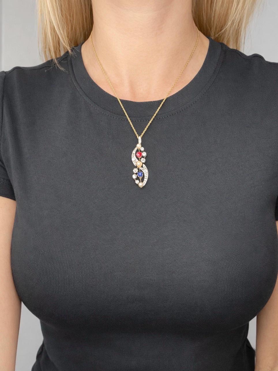 Antique 18ct Gold & Platinum, Victorian Diamond, Sapphire, Ruby and Pearl Figure Eight Pendant Necklace