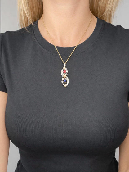 Antique 18ct Gold & Platinum, Victorian Diamond, Sapphire, Ruby and Pearl Figure Eight Pendant Necklace