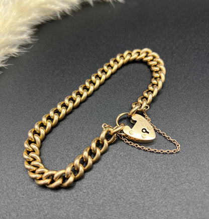 Antique 15ct Yellow Gold, Victorian Curb Link Bracelet with Heart Padlock Clasp, Birmingham 1898