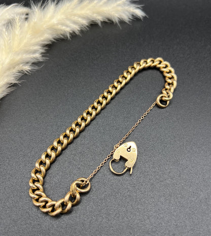 Antique 15ct Yellow Gold, Victorian Curb Link Bracelet with Heart Padlock Clasp, Birmingham 1898