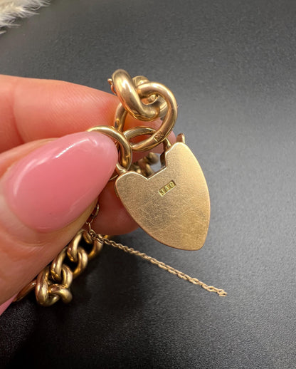 Antique 15ct Yellow Gold Stamped, Victorian Curb Link Bracelet with Heart Padlock Clasp