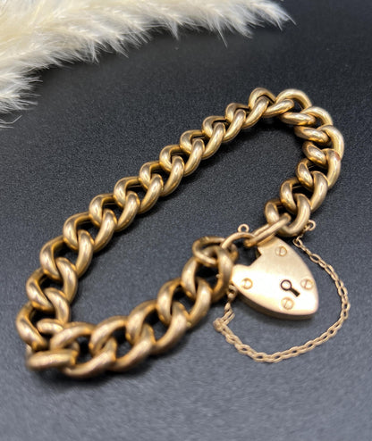 Antique 15ct Yellow Gold Stamped, Victorian Curb Link Bracelet with Heart Padlock Clasp