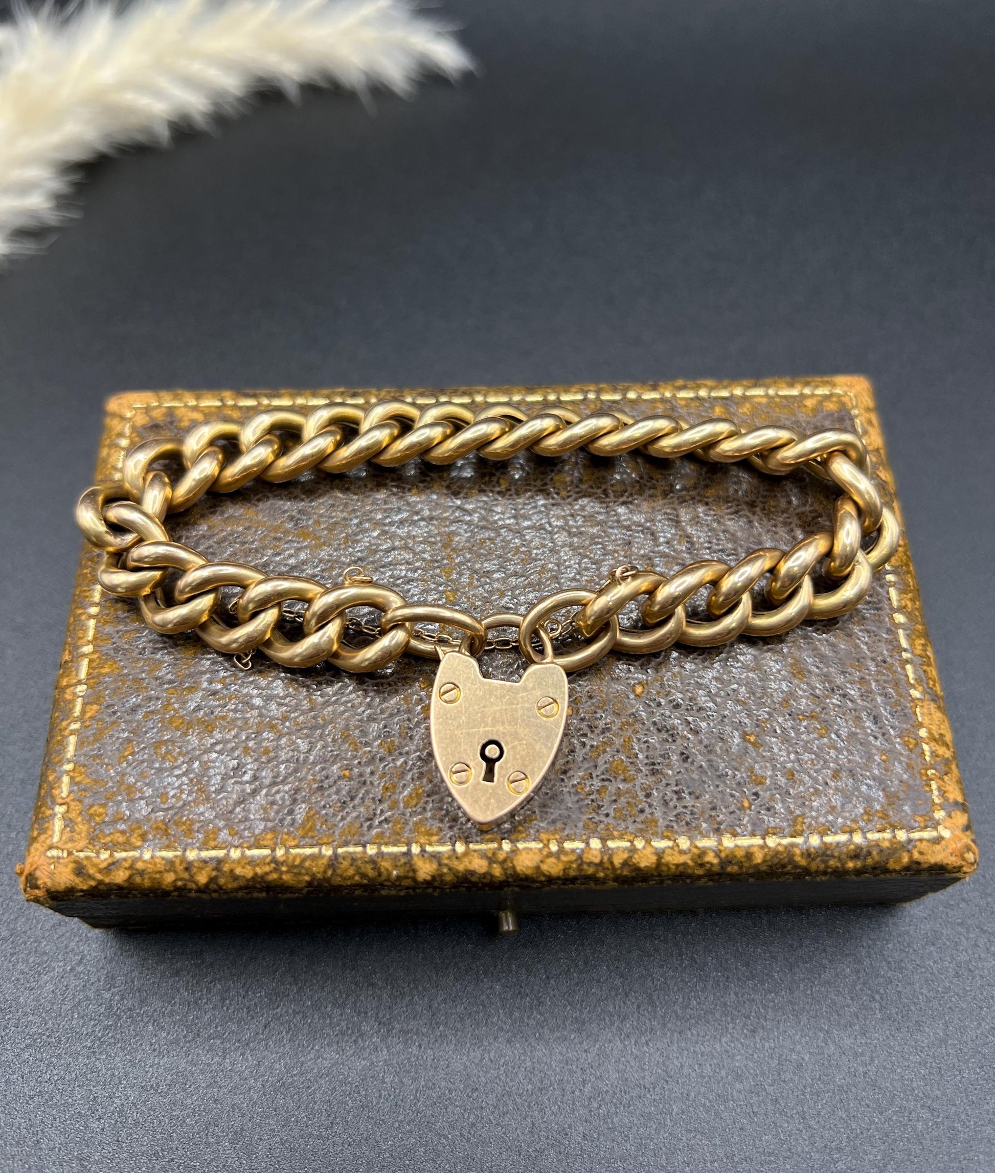 Antique 15ct Yellow Gold Stamped, Victorian Curb Link Bracelet with Heart Padlock Clasp