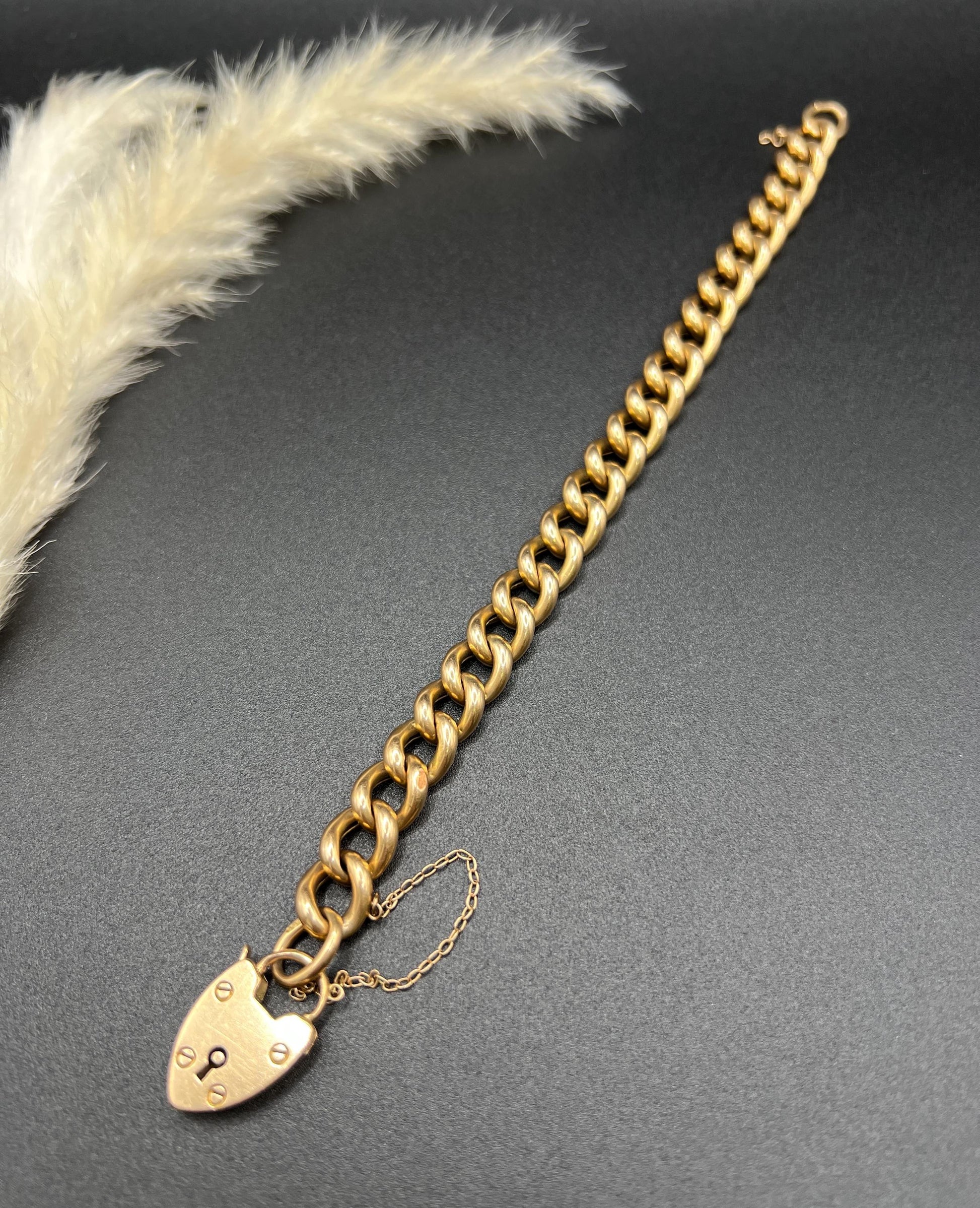Antique 15ct Yellow Gold Stamped, Victorian Curb Link Bracelet with Heart Padlock Clasp