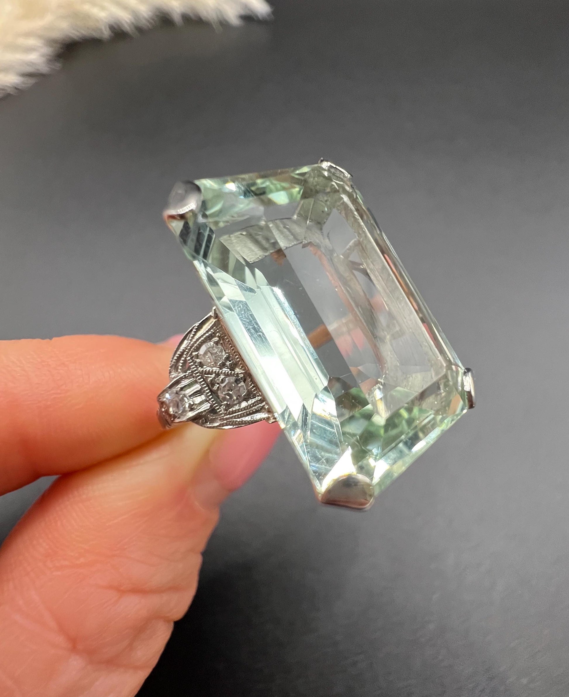 Vintage 18ct White Gold, 1940s Large Aquamarine & Diamond Cocktail Ring