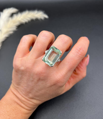 Vintage 18ct White Gold, 1940s Large Aquamarine & Diamond Cocktail Ring