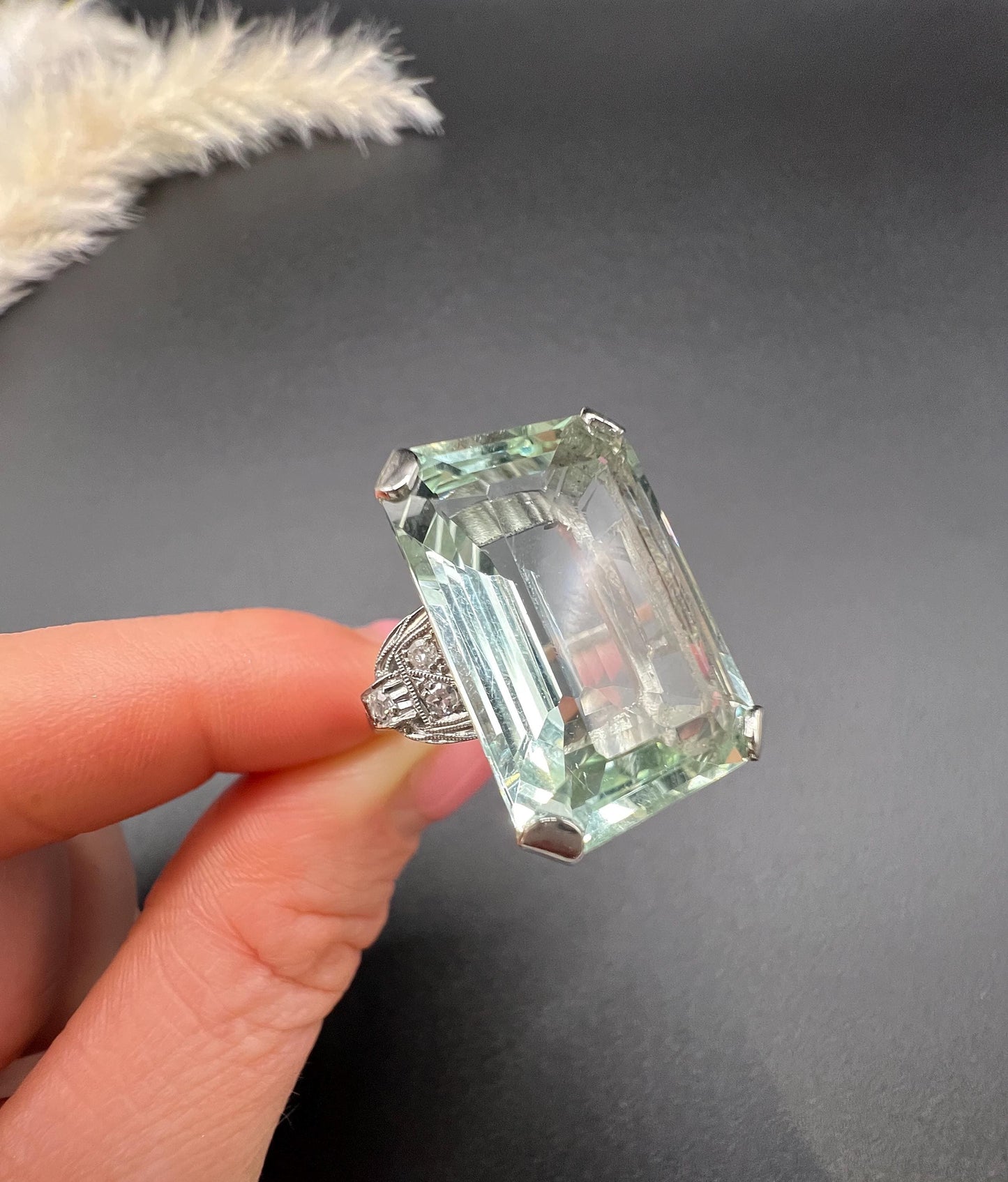 Vintage 18ct White Gold, 1940s Large Aquamarine & Diamond Cocktail Ring