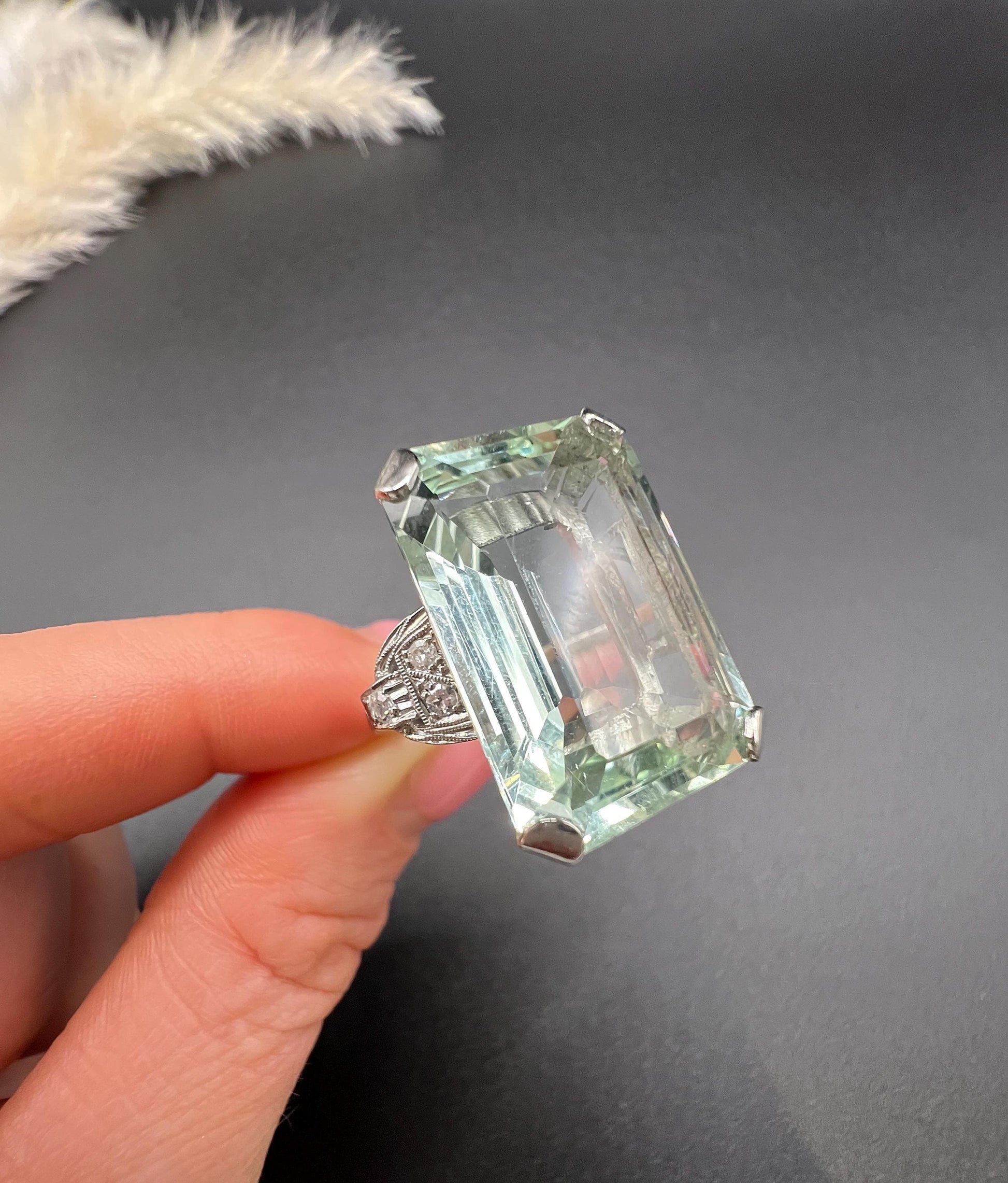 Vintage 18ct White Gold, 1940s Large Aquamarine & Diamond Cocktail Ring