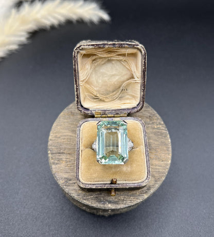 Vintage 18ct White Gold, 1940s Large Aquamarine & Diamond Cocktail Ring