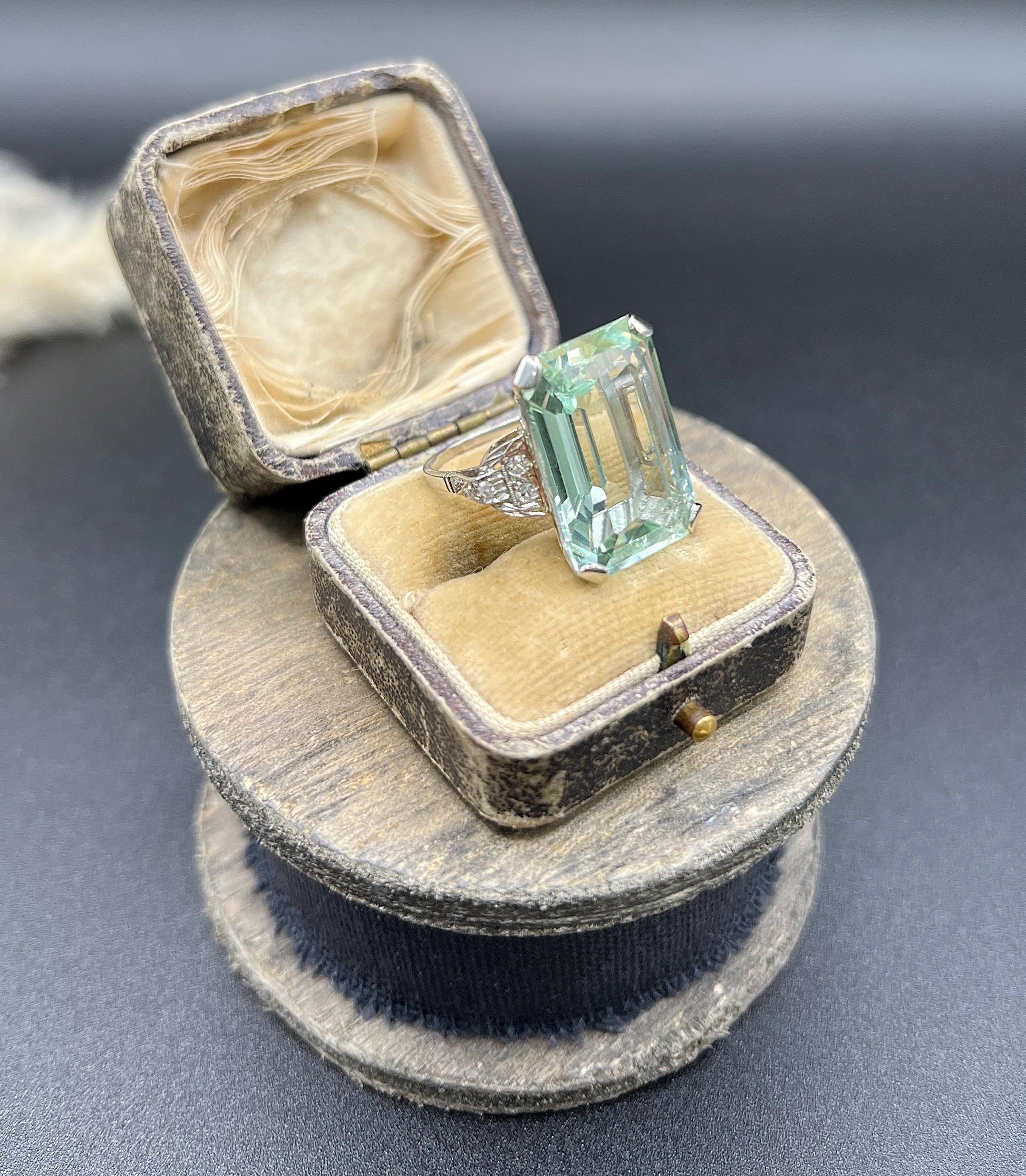Vintage 18ct White Gold, 1940s Large Aquamarine & Diamond Cocktail Ring