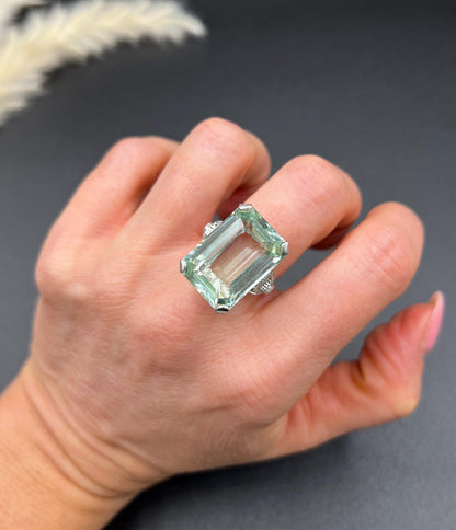 Vintage 18ct White Gold, 1940s Large Aquamarine & Diamond Cocktail Ring