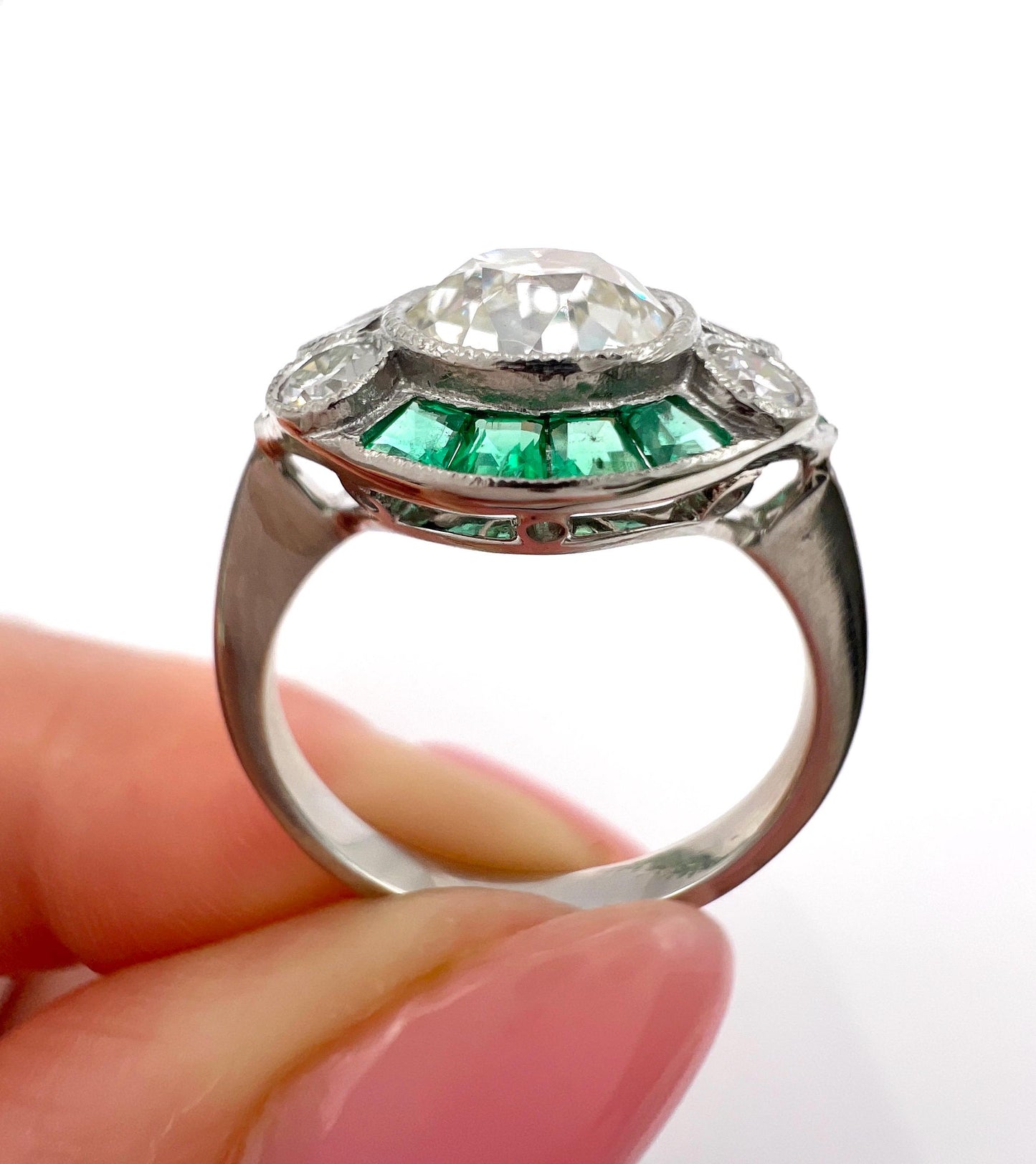 Art Deco Inspired 1.21ct Diamond and Emerald Target Cluster Ring in Platinum