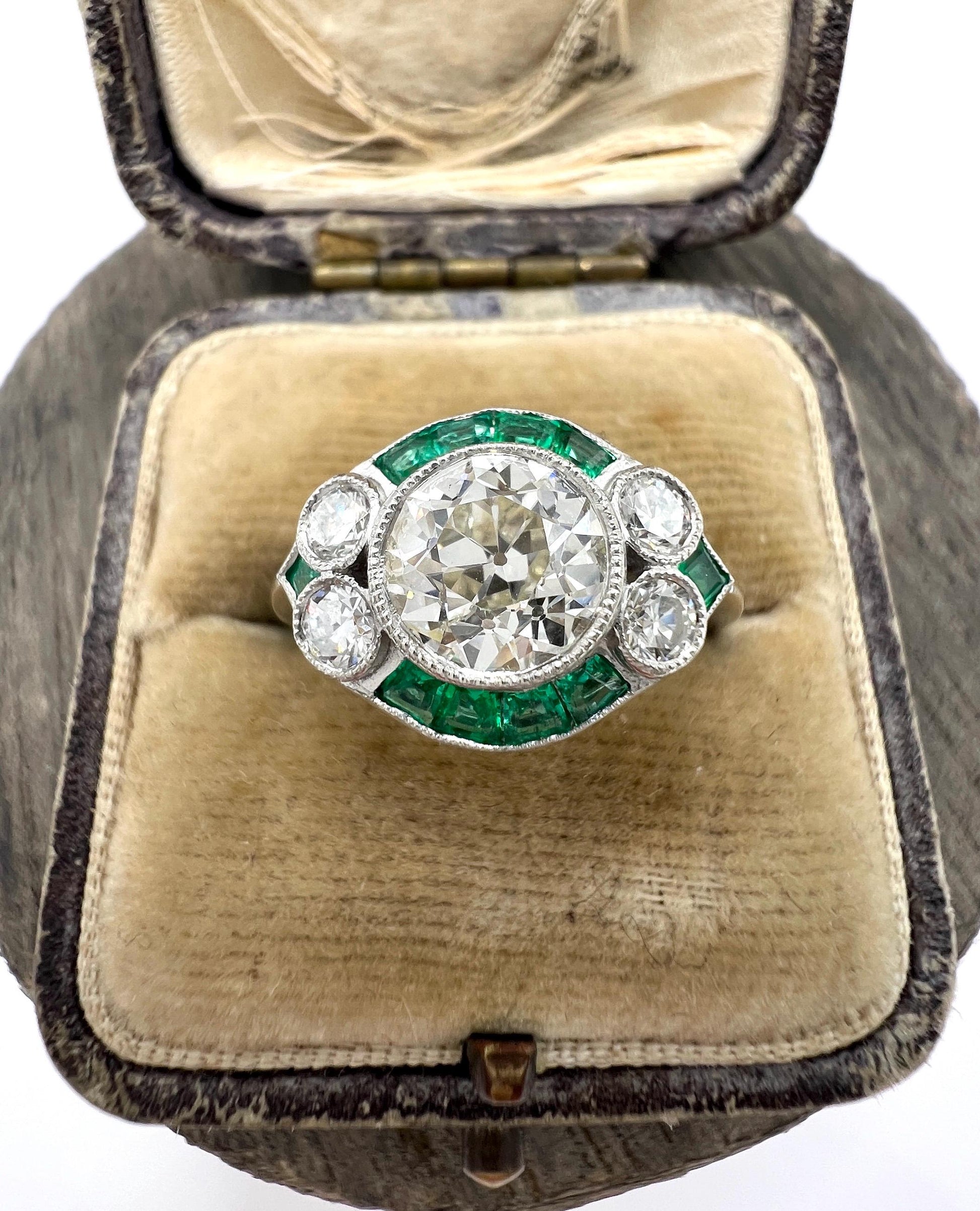 Art Deco Inspired 1.21ct Diamond and Emerald Target Cluster Ring in Platinum